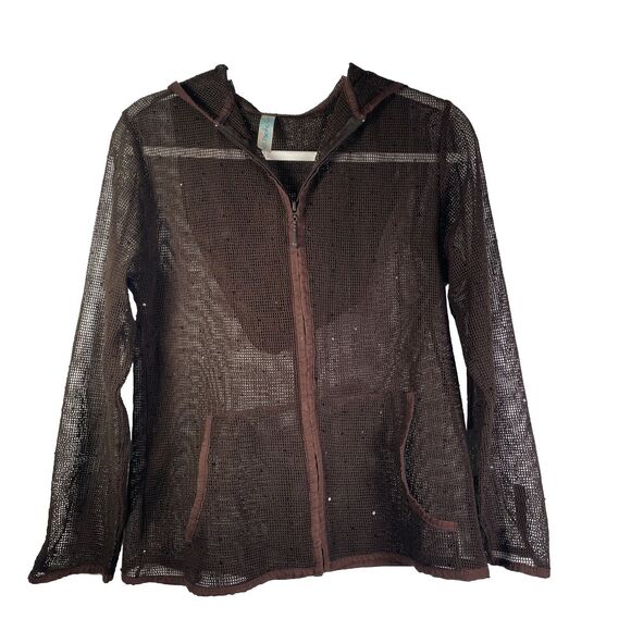 Pacific Cove Beach Swimsuit Sheer Cover Up Brown Sequins Hoodie Net Size Small - Picture 1 of 8
